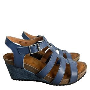 Mark Jenkins Wedge Sandals Womens 9M Blue Leather Strappy Buckle Snake Heel